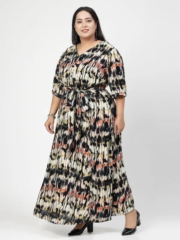 Round Neck Puff Sleeves Print Maxi Plus Size Dress