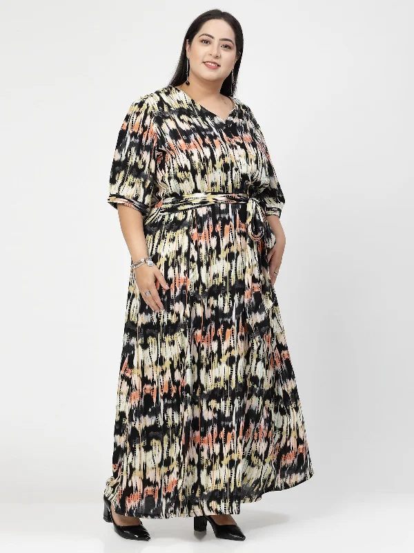 Round Neck Puff Sleeves Print Maxi Plus Size Dress