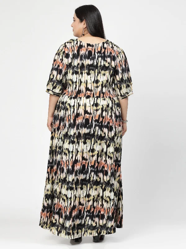 Round Neck Puff Sleeves Print Maxi Plus Size Dress