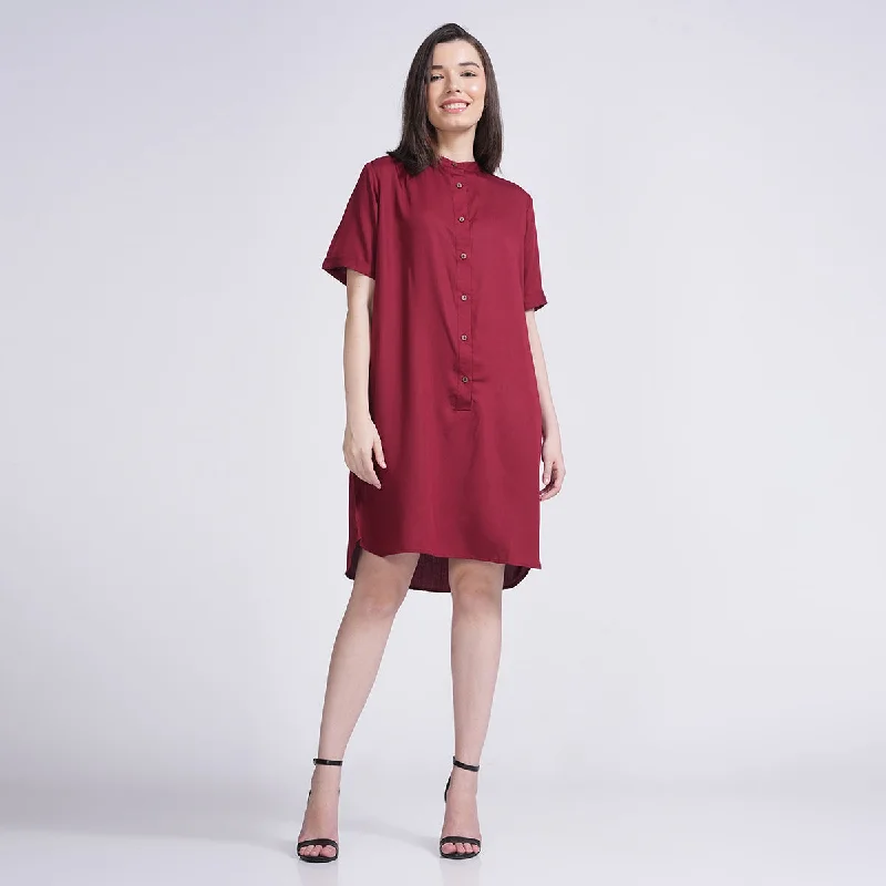 Modal Mandarin Collar Dress for Women | Half Sleeves | Maroon