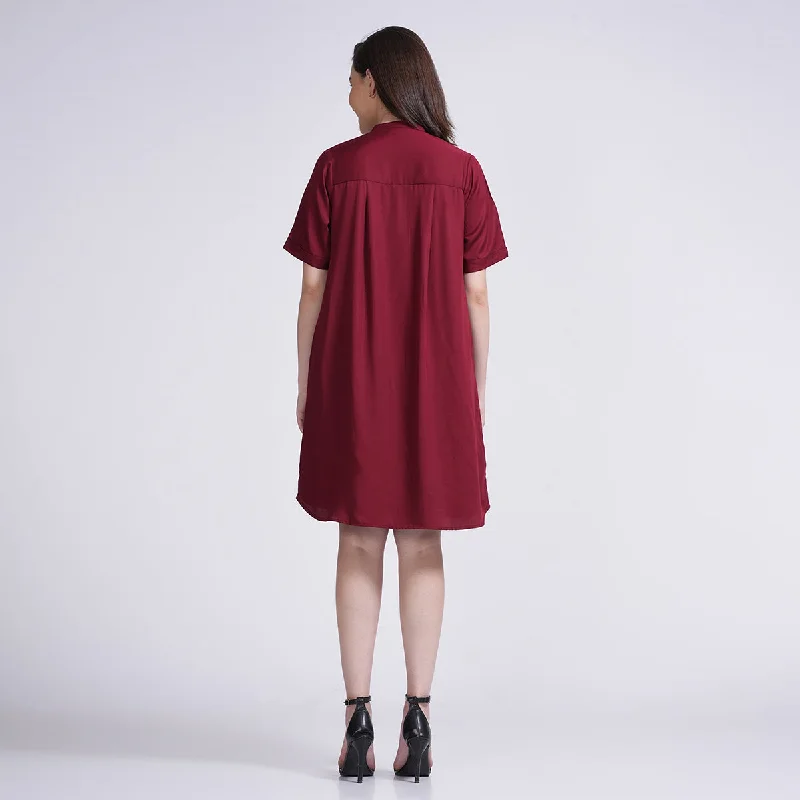 Modal Mandarin Collar Dress for Women | Half Sleeves | Maroon