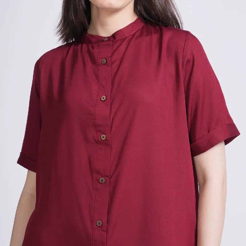 Modal Mandarin Collar Dress for Women | Half Sleeves | Maroon