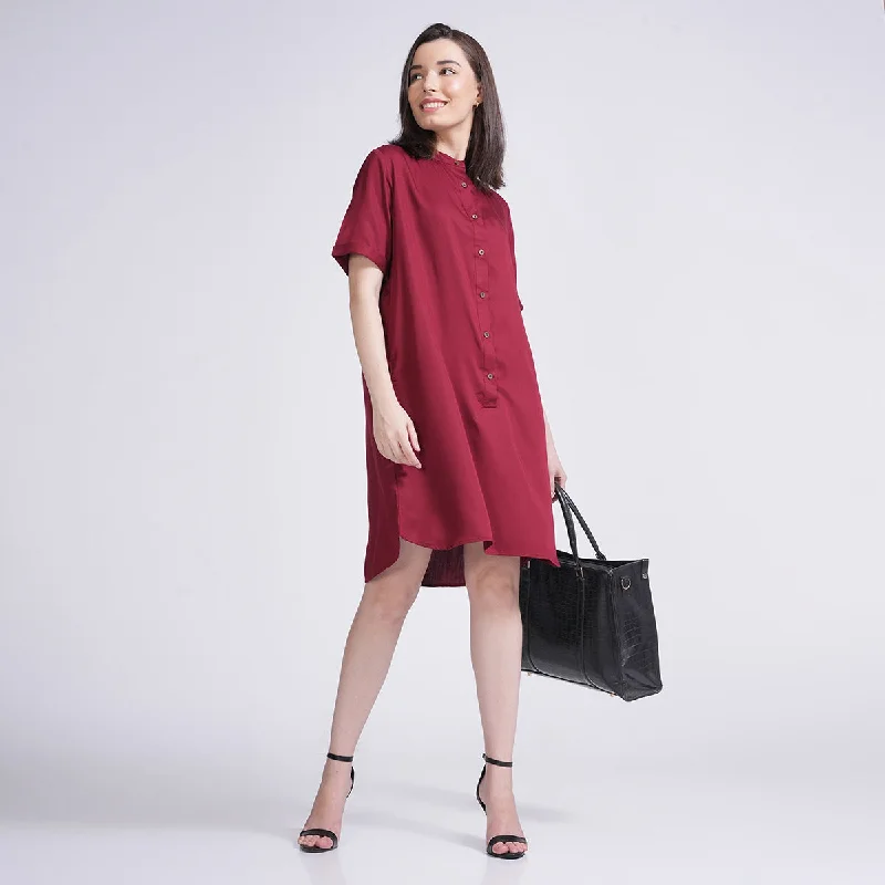 Modal Mandarin Collar Dress for Women | Half Sleeves | Maroon