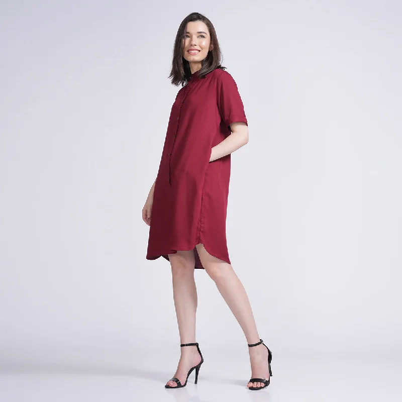 Modal Mandarin Collar Dress for Women | Half Sleeves | Maroon