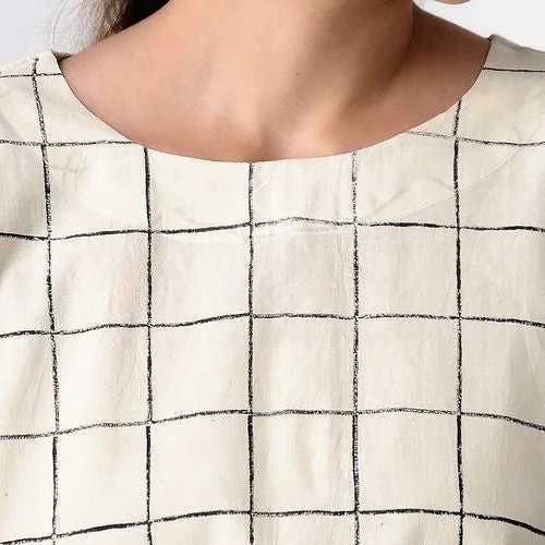 Cotton Checkered Crop Top | Handblock Printed | White