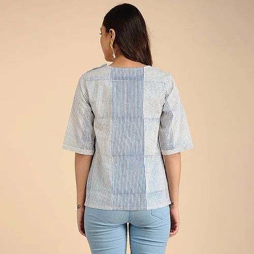 Cotton Striped Top | Handblock Printed | Indigo