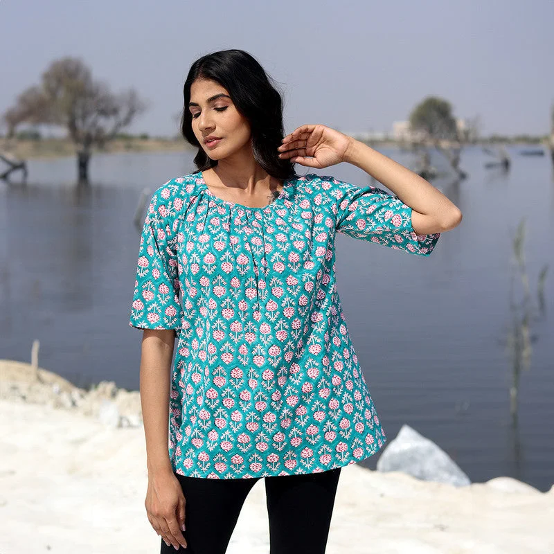 Cotton Printed Top for Women | Floral Block Print | Teal