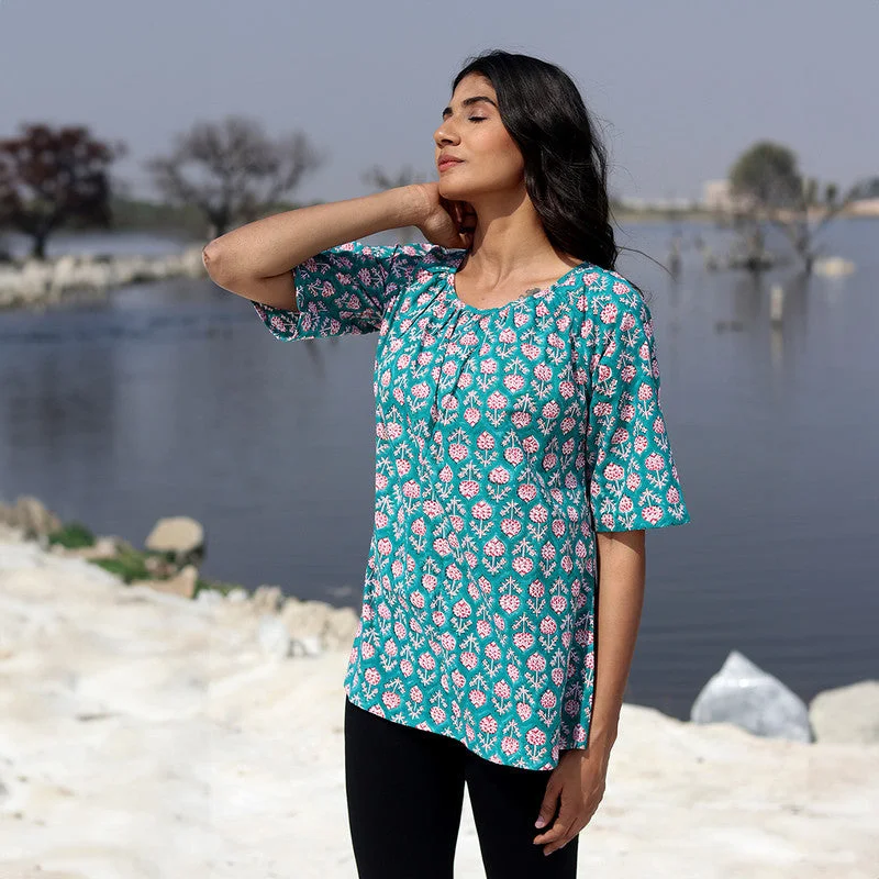 Cotton Printed Top for Women | Floral Block Print | Teal