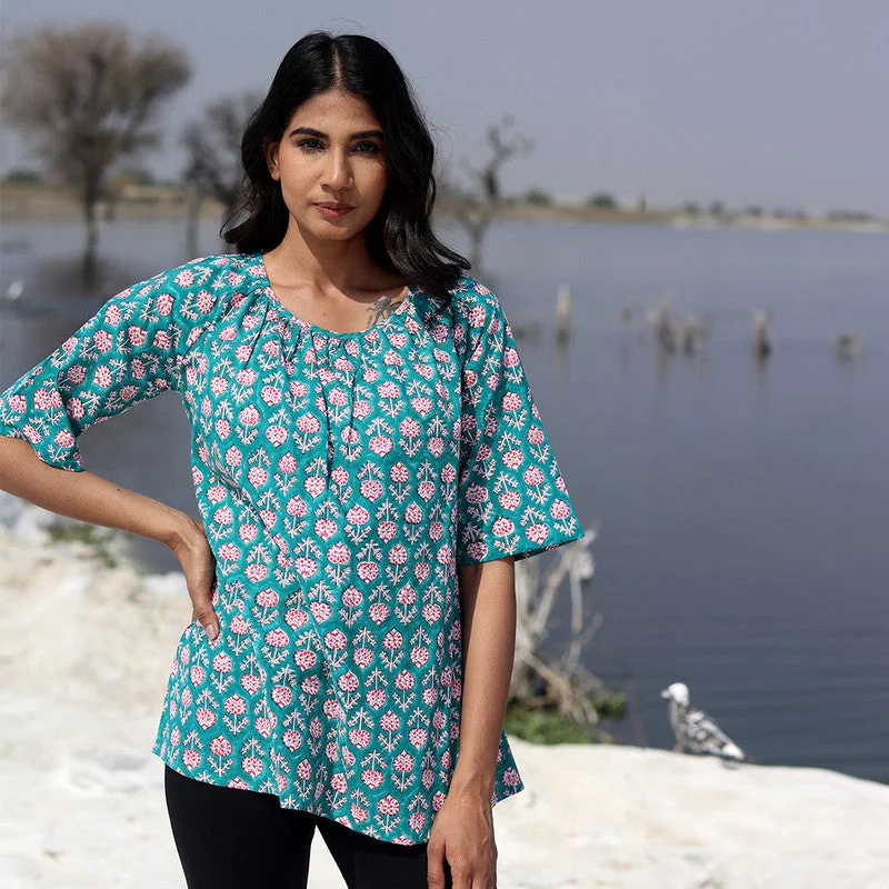 Cotton Printed Top for Women | Floral Block Print | Teal