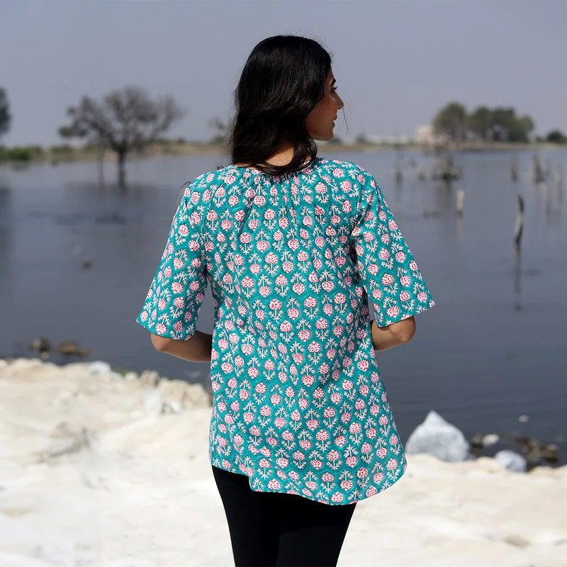 Cotton Printed Top for Women | Floral Block Print | Teal