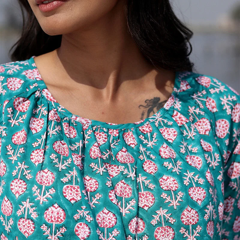 Cotton Printed Top for Women | Floral Block Print | Teal