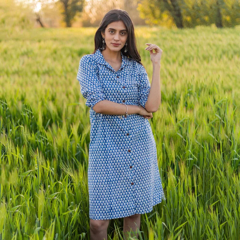 Cotton Shirt Dress for Women | Handblock Printed | Blue