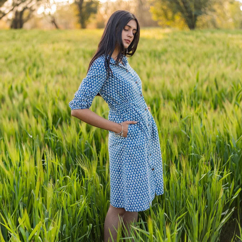 Cotton Shirt Dress for Women | Handblock Printed | Blue