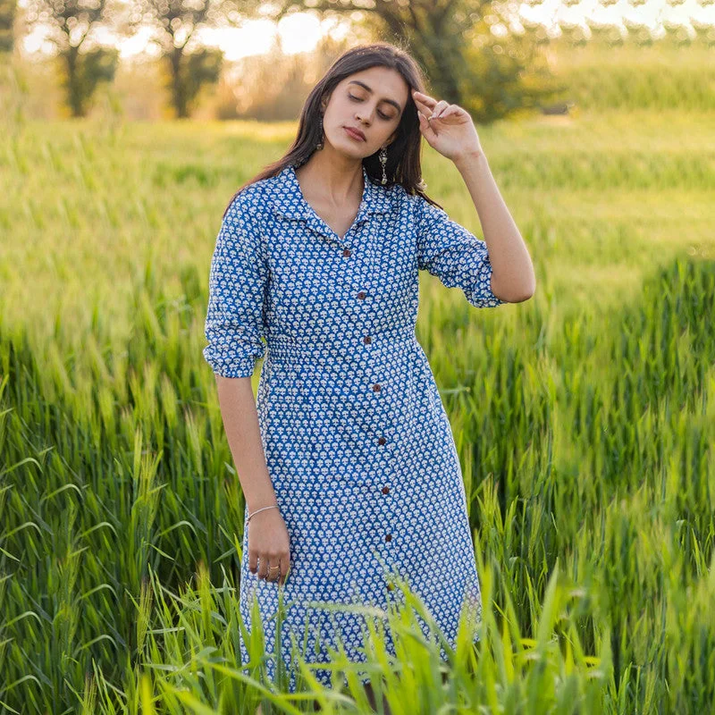 Cotton Shirt Dress for Women | Handblock Printed | Blue