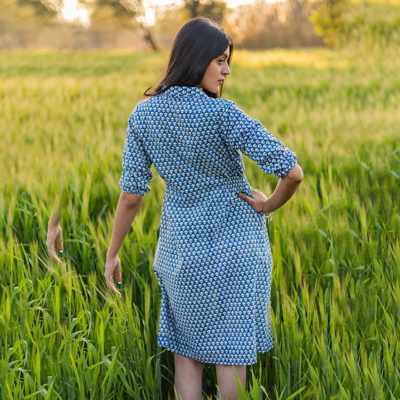 Cotton Shirt Dress for Women | Handblock Printed | Blue