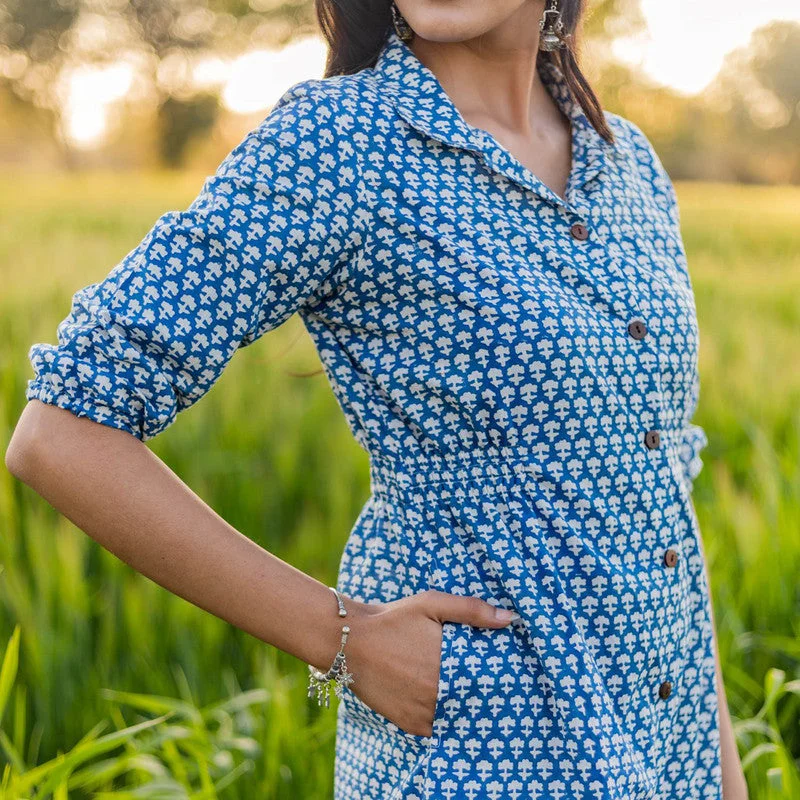 Cotton Shirt Dress for Women | Handblock Printed | Blue