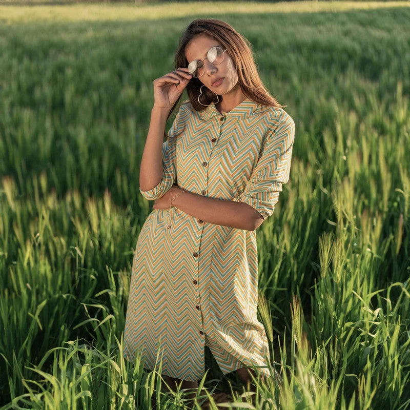 Cotton Shirt Dress for Women | Handblock Printed | Yellow