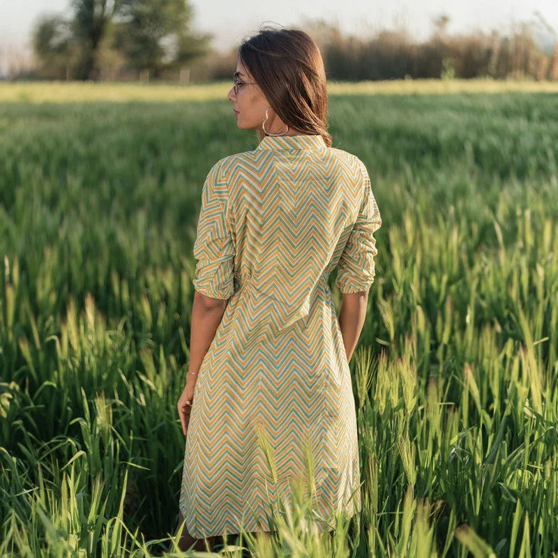 Cotton Shirt Dress for Women | Handblock Printed | Yellow