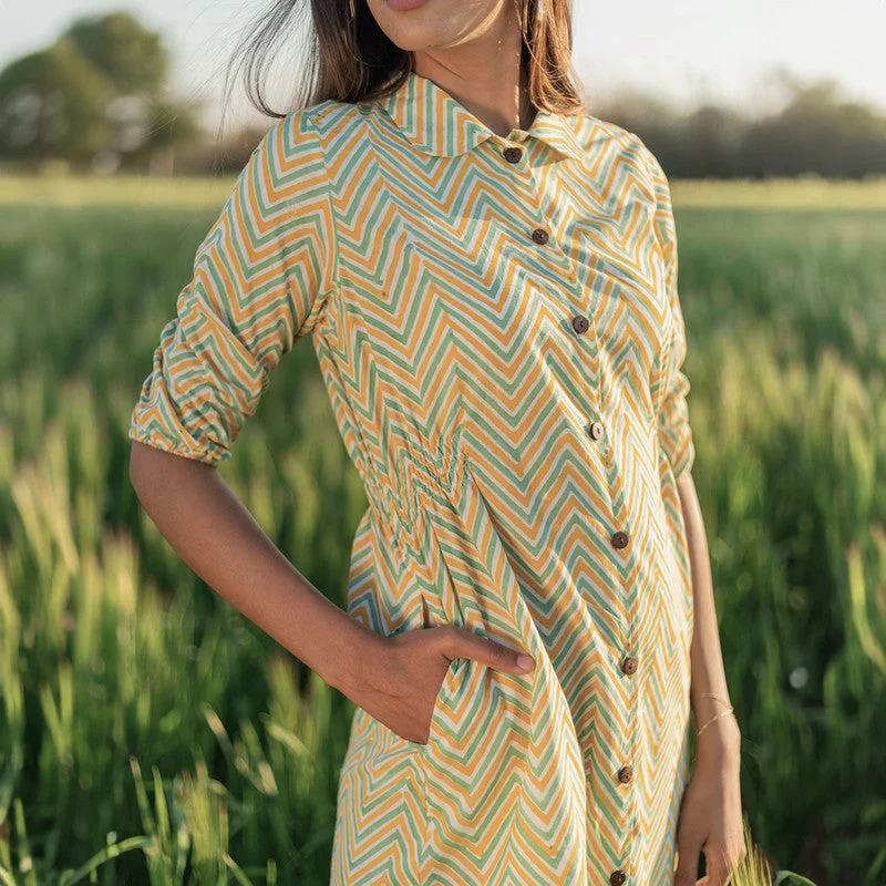 Cotton Shirt Dress for Women | Handblock Printed | Yellow