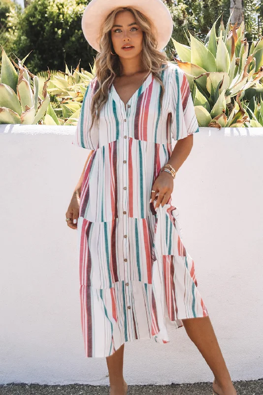 Striped Button Front Flutter Sleeve Tiered Shirt Dress