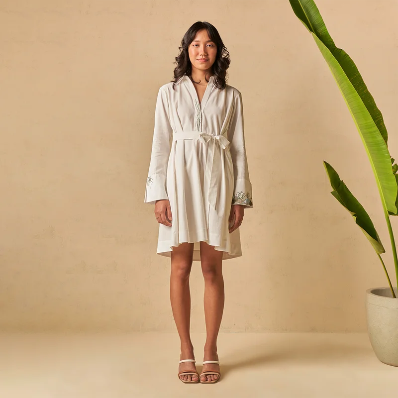 Organic Cotton Satin Shirt Dress | Embroidered | White