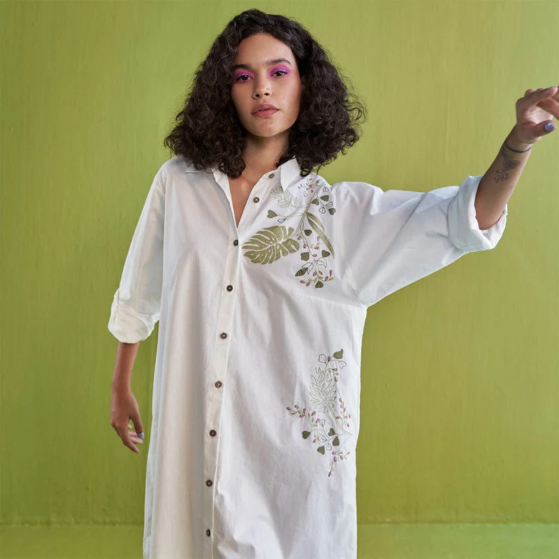 Shirt Dress for Women | Organic Cotton Poplin | Embroidered | White