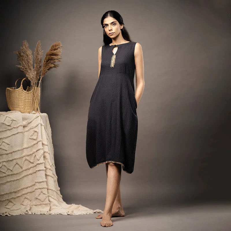 Cotton Black Dress for Women | Pin-Tucks