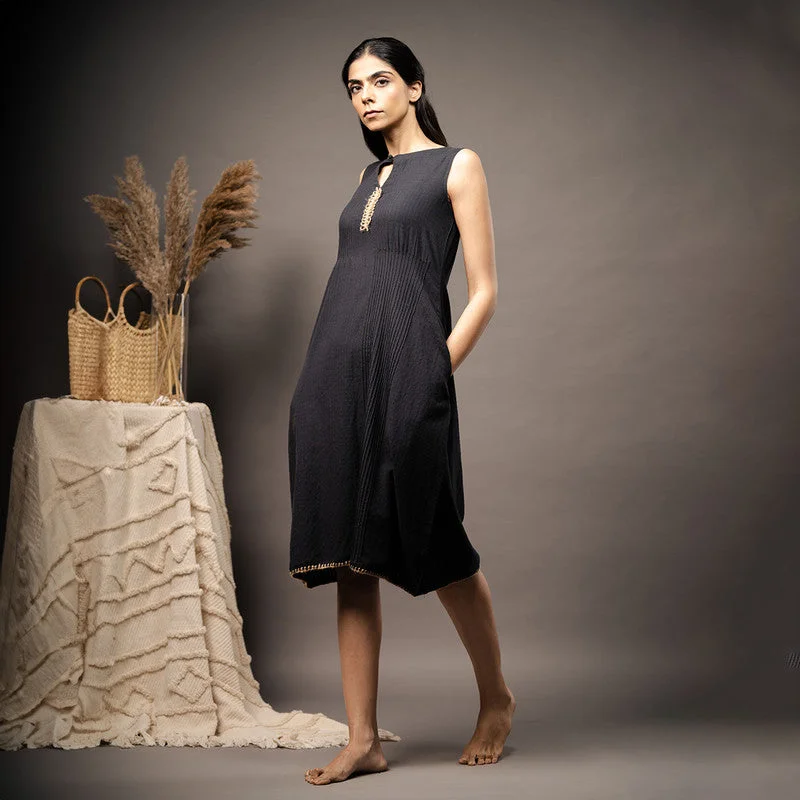 Cotton Black Dress for Women | Pin-Tucks