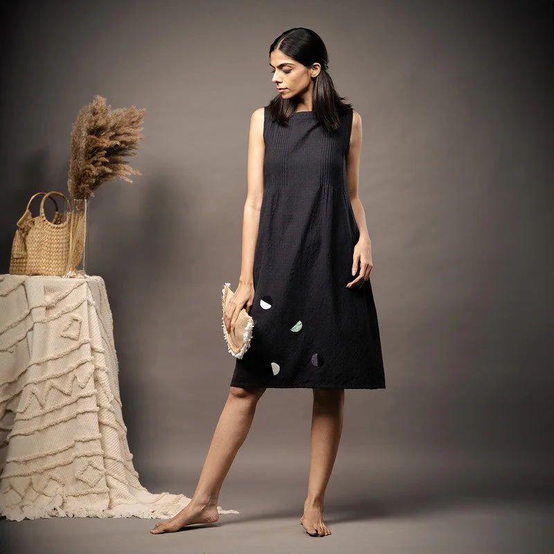 Cotton Black Strappy Dress | Hand Applique