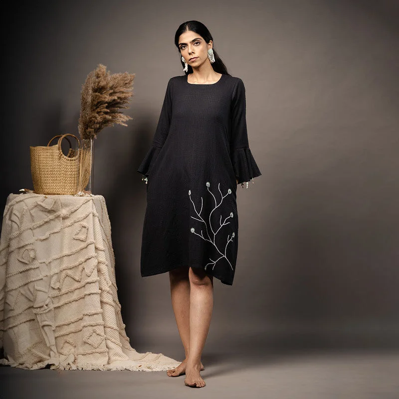 Cotton Knee Length Dress | Black | Hand Embroidered