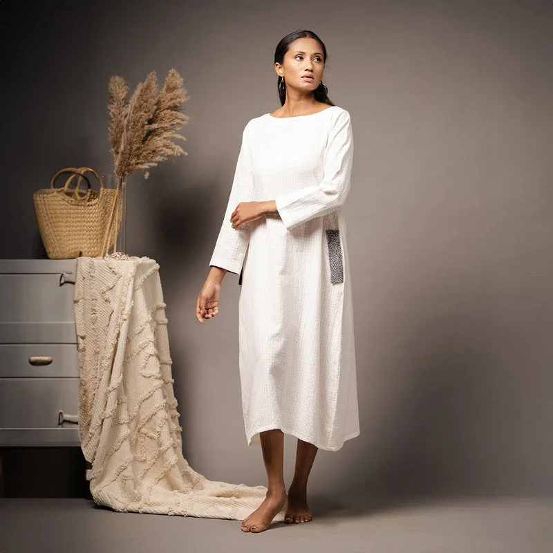 Cotton White Dress for Women | Calf Length | Embroidered