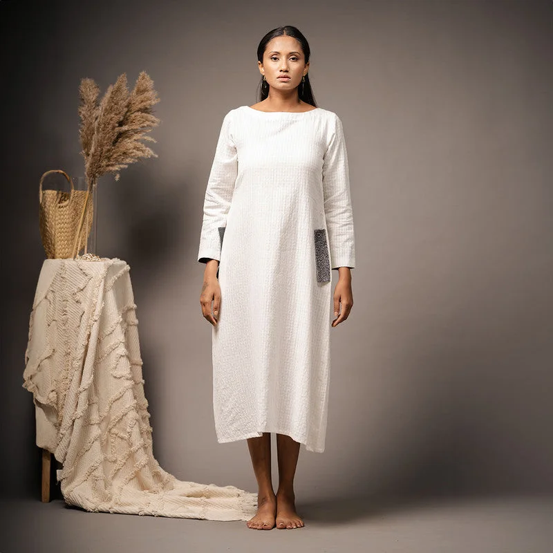 Cotton White Dress for Women | Calf Length | Embroidered