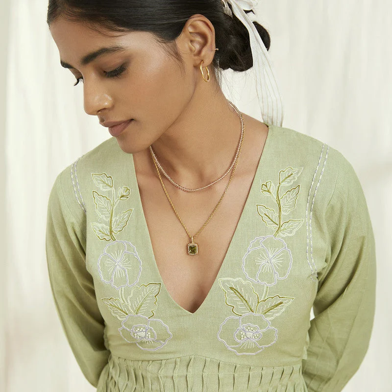 Dress for Women | Line Flared Dress | Embroidered | Green