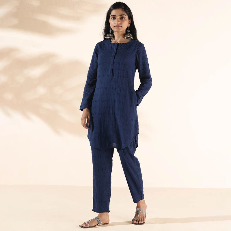 Cotton Dobby Co Ord Set for Women | Dark Blue | Relaxed Fit