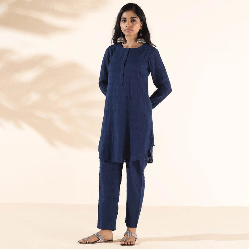 Cotton Dobby Co Ord Set for Women | Dark Blue | Relaxed Fit