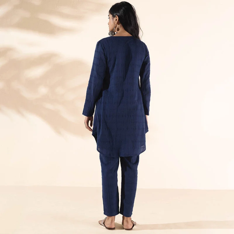 Cotton Dobby Co Ord Set for Women | Dark Blue | Relaxed Fit