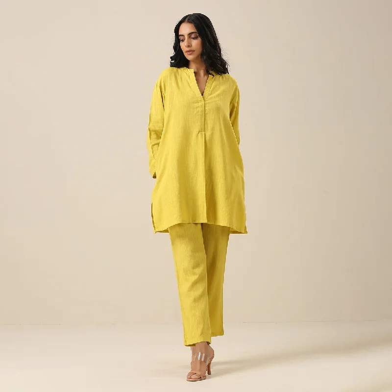 Cotton Slub Co Ord Set for Women | Lime Green | Side Slit