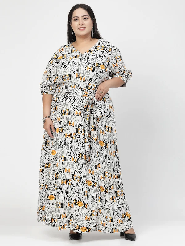 V Neck Puff Sleeves Floral Print Maxi Plus Size Dress