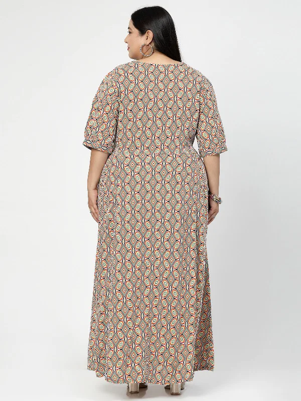 V Neck Puff Sleeves Floral Print Maxi Plus Size Dress