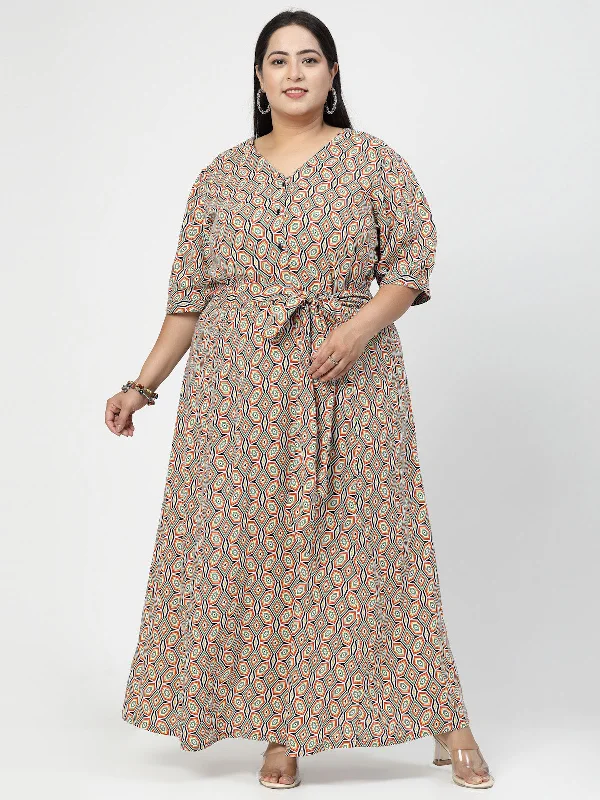 V Neck Puff Sleeves Floral Print Maxi Plus Size Dress