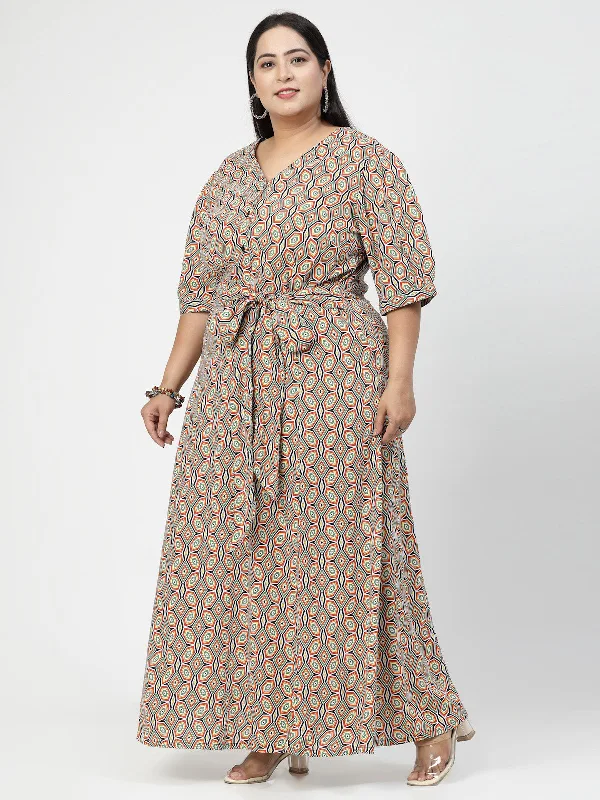 V Neck Puff Sleeves Floral Print Maxi Plus Size Dress