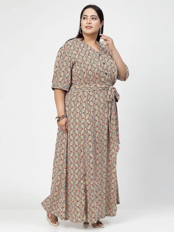 V Neck Puff Sleeves Floral Print Maxi Plus Size Dress