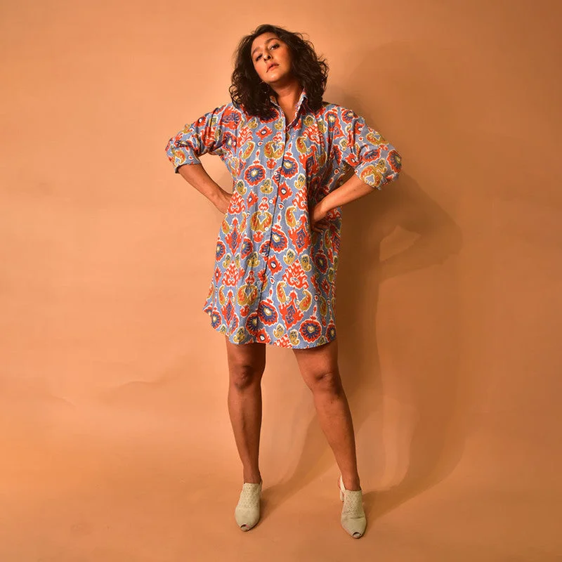 Dresses For Women | Cotton Shirt Dress | Hand Print | Multicolour