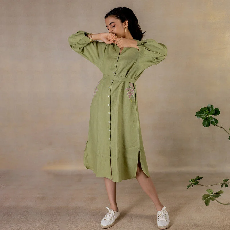 Linen Long Shirt Dress | Hand Embroidered | Green