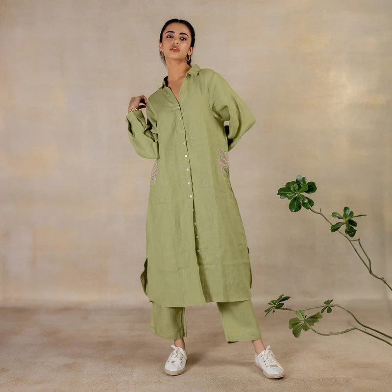 Linen Long Shirt Dress | Hand Embroidered | Green