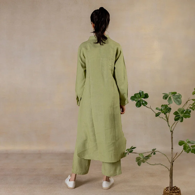 Linen Long Shirt Dress | Hand Embroidered | Green