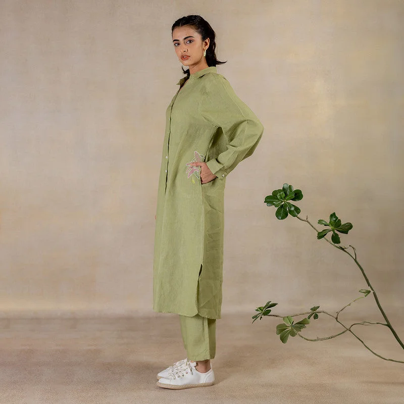 Linen Long Shirt Dress | Hand Embroidered | Green