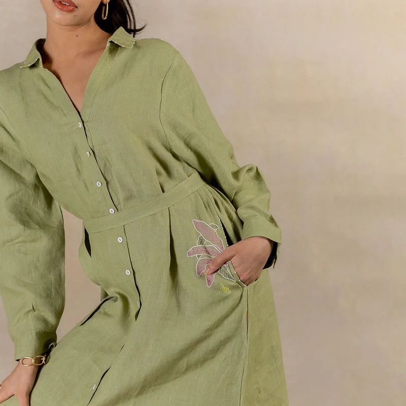 Linen Long Shirt Dress | Hand Embroidered | Green