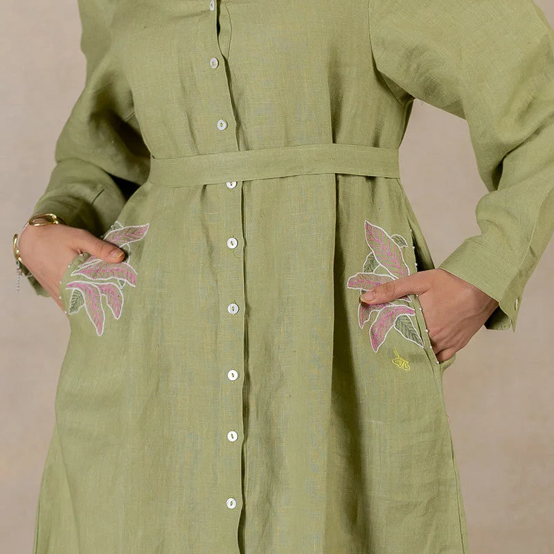 Linen Long Shirt Dress | Hand Embroidered | Green