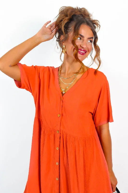 Beat You To It - Orange Button Up Smock Mini Dress